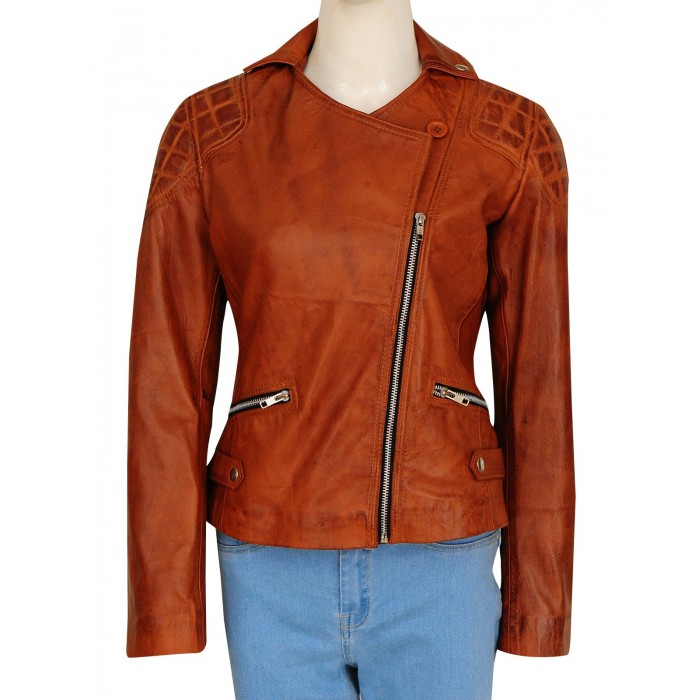 Ashley Benson Asymmetrical Biker Brown Leather Jacket